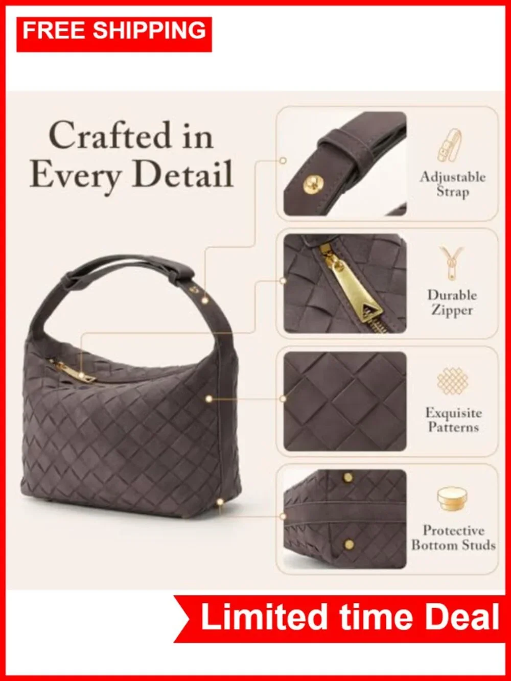 Hand-Woven Faux Suede Hobo Bag Vegan Leather Shoulder Purse